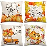 Whaline 4 Stück Hello Fall Kissenbezüge Kürbis Ahorn Blätter Überwurf Kissenbezug Leinen Thanksgiving Kissenbezüge Herbst Kissenbezüge für Home Office Schlafzimmer Couch Auto Dekoration 45,7 x 45,7