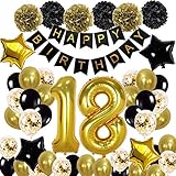 18. Geburtstag Dekoration Schwarzes Gold, 18. Geburtstags Deko Schwarzes Gold mit Happy Birthday Banner Folienballons konfetti Ballons Latexballons für Jungen Mädchen Party Dek