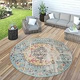 Paco Home In- & Outdoor Teppich Modern Orient Print Terrassen Teppich Türkis, Grösse:Ø 160 cm R