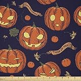 Lunarable Kürbis-Stoff von The Yard, Halloween-Thema, Feierliche Banner, Trick or Treat und geschnitzte Kürbisse, Mikrofaserstoff für Kunst Handwerk, Textilien Dekoration, 2 Yards, Orange Indig