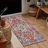 Misiffa Traditioneller Teppich, orientalisches Medaillon, persisches Blumenmuster, klein, rutschfest, Fußmatte mit Gummi-Rückseite, Bodenteppich für Schlafzimmer, Küche, Waschküche, Dekor (rot, 2 x 4)