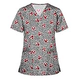 Casual Damen Kurzarm V-Ausschnitt Uniform Tops Sommer Mode Herzdruck Arbeitsbluse Arbeit Tunika Tops Tshirt Tops mit 2 Taschen für Frauen Stillgeschenke, 01-Grau, XL