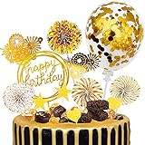 ECtury Tortendeko Geburtstag, Gold Happy Birthday Tortendeko, Cake Topper Girlande mit Sternen Gold Deko, Geburstagstorte Kuchendeko für Mädchen Junge Mann Kindergeburtstag Geburtstagsk