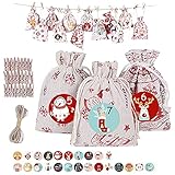 24 Adventskalender zum Befüllen - Stoffbeutel, Weihnachten Geschenksäckchen mit 24 Aufkleber + 24 Holzklammern,10m Hanfseile, DIY Weihnachtskalender tüten Geschenkbeutel Weihnachten Geschenk Säck