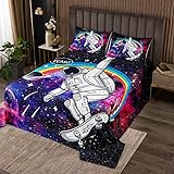 Cartoon Astronaut Tagesdecke 240×260 cm,Starry Purple Galaxy Bettdecke Set für Kinder Erwachsene, Planets Rainbow Space Bettwäsche-Set mit 2 Kissenbezügen,Weich Polyester gestepp