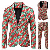 FACAIAFALO Herren Weihnachtsanzug 3 Teilig Anzüge Slim Fit Button Verschiedene Weihnachtsmotiv Formal Weihnachten Sakko Blazer Hose Weste Kostüm Partyanzug für Festlich Party Abend H