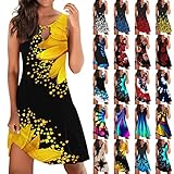 BOTCAM Strandkleid Damen Knielang Boho Kleid - Elegant Blumendruck Sommerkleid Frauen Casual Sommer Rundhals ärmellos Partykleid Freizeitkleid Damen Abendkleid Lange Kleider Cocktailk