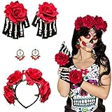 La Catrina Kostüm Set Mexikanerin Accessoire Haarreif, Ohrringe, Handschuhe Kostümzubehör Dia de los Muertos Schmuck Mexikanisches Totenfest Tag der Toten Halloweenkostüm Totenkopf Dark F