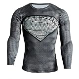 HOOLAZA Superman Shirt Series Black Schwarz Justice League Lange Long Sleeve Herren Fitness Joggen Herren Shirt Compression Kompressions T-Shirt XXXL