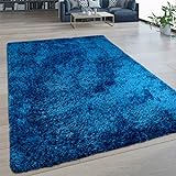 Paco Home Hochflor Wohnzimmer Teppich Waschbar Shaggy Flokati Optik Einfarbig In Blau, Grösse:120x160