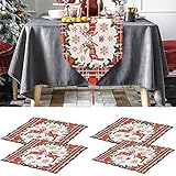 Tischsets mit weihnachtlichem Rentier-Motiv, Leinen, 33 x 183 cm, hitzebeständig, waschbar, Tischsets für Weihnachten, Familie, Esstisch, Dekoration, Kommode, Schal, Tischplatte (dunkelrot-Rentier)