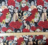 Fat Quarter Nocturna Day of The Dead Women and Roses Quilt-Stoff, 100 % Baumw