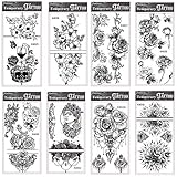 Pinkiou 8 Blätter Wasserdicht Temporäre Tattoo für Erwachsene Frauen Mädchen Große Spitze Mehndi Blume Körper Aufkleber Sexy Body Art Big Arm Tattoo B