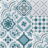Mediterrane Dekorfliese „Lissabon“ mit 10 verschiedenen Mustern | Wand- und Bodenfliesen mit blauen Ornamenten für Bad und Küche | Pro Paket 22 Fliesen in Zementfliesen Optik = 0,5 m²