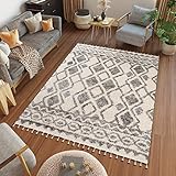 TAPISO Versay Fransen Teppich Shaggy Hochflor Langflor Modern Boho Marokkanisch Geometrisch Ethno Design Grau Creme Wohnzimmer ÖKOTEX 160 x 220