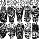 EGMBGM 22 Blätter Halloween Schädel Temporäre Tattoos Frauen Herren Hals Groß 3D Löwe Krieger Evil Joker Fake Tattoo Aufkleber Männer Damen Erwachsene Arm Rose Blumen kreuz Langlebige T