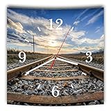 LAUTLOSE Designer Wanduhr mit Spruch Eisenbahn Bahnschienen Blau Braun Grün grau weiß modern Dekoschild Abstrakt Bild 29,5 x 28