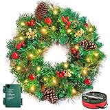 50CM Weihnachtskranz,Türkranz Ganzjährig mit 50LEDs Warmweiß und 8 Lichtmodi Blumenkranz mit Tannenzapfen Rote Beere Wanddeko Haustürdeko Für Weihnachten Hochzeit Innen Außenbereich Weihnachtsdek