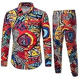 Graceyo Männer Vintage Retro Hemden Jogginghose Anzug Herren Casual Langarmhemd Business Slim Fit Hemd Zweiteiler Print Bluse Top und Hosen Sets Bunte Hemden Freizeitshemd Langarm Casual S