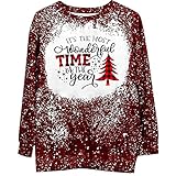 STOREYH Süß Cartoon Weihnachten Brief Druck Pullover Tops Damen Elegant Langarm Rundhals Wickel Tie dye Oberteile Winter Freizeit Loose Tee Frauen T-Shirt Warme Fleece Bluse Sw