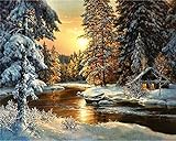YEESAM ART Malen nach Zahlen Erwachsene Kinder, Sonnenuntergang Wald Fluss Schnee Szene 40x50 cm Leinen Segeltuch, DIY ölgemälde Weihnachten Geschenk