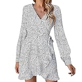 Kleid Damen, Kleid Damen Elegant, Kleider Damen Festlich, Damen Dot Langarm Kleid V-Ausschnitt Blumen Chiffon Unregelmäßige Schnürung Kurzer Rock