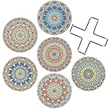 SUEH DESIGN Getränkeuntersetzer 6er Set Mandala saugfähige Keramikuntersetzer mit Halter Schutzkorkrücken für Glastassen Küche B