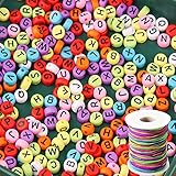 ZesNice 1200 Stück Buchstabenperle, Bunt Rund Buchstaben Perlen zum Auffädeln mit 50 m Elastisch Schnur, Bastelset für Armband B