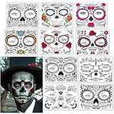 Gesicht Tattoos Sticker Tag,10 Blätter wasserdichte Gesicht Tattoo Halloween Schminke Aufkleber Temporäre Tattoo Gesicht für Frauen Männer Halloween Party Karneval Mask