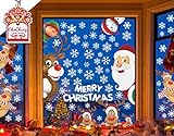 CheChury Fensterbilder für Weihnachten Fensterbilder Winter Statisch Haftende PVC Aufklebe Weihnachtsmann Süße Elche Wiederverwendbar Schneeflocken F