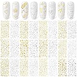 Qpout Gold Silber Nagelaufkleber Abziehbilder(1000 Muster), Stern Mond Blume Tier 3D Selbstklebende Nagelspitzen Dekoration für Frauen Mädchen Kinder Geburtstag Sommer Strandparty DIY Nagel Geschenk