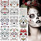 10 PCS Halloween Temporäre Gesicht Tattoos mit 1 Pcs Edelsteinaufkleber, Tag der Tote Schminken Totenkopf Gesichtstattoo für Karneval Halloween Fright Night Cosplay Maskerade Party Fasching Dek