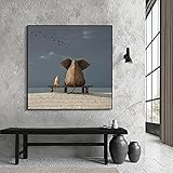 WAFENGNGAI bilder leinwand Moderne Sitzende Baum Und Meer Lustige Baby Elefant Leinwand Malerei Wand Nordic Wandkunst Tier Poster Gang Zimmer Dekoration-60X60Cm Kein R