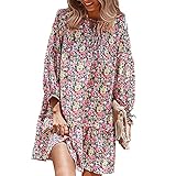 Herbst Und Winter Damen Casual Fashion V-Ausschnitt Blumendruck Ausschnitt Lace-Up RüSchensaum Langarm Lose Absicherung Kurzes Kleid D
