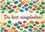 12 Einladungskarten im Set Zum Geburtstag/Kindergeburtstag mit Motiv Building Blocks und Bricks. Einladungen für Jungen und Mädchen mit B