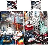 USA Bettwäsche-Set Stars and Stripes 135x200 + 80x80 cm 100% Baumwolle Amerika Bettbezug Blau Weis Rot New York Taxi Las Vegas San Francisco Stern-e Sternchen 2 Motive deutsche Größe Reiß