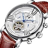 JTTM Herren Uhren Mode Automatische Mechanische wasserdichte Armbanduhr Männer Skeleton Tourbillon Leder Uhr,Silver White Brown B