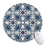 Runde Mauspad Blaues Muster Damast Klassische Medaillon Blumen Blume Tribal Abstrakt Rutschfeste Gummiunterseite Mausmatte Gaming Mousepad für Comp