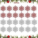 Schneeflocke Ornamente Weihnachtsdeko Anhänger Glitzer 24 Pcs Weihnachten Schneeflocken Anhänger Christbaumanhänger Weihnachtsbaum Deko Für Türen Schaufenster Vitrinen Glasfronten Deko Silber R