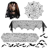 5er Pack Halloween Dekorationen Tischdecken Sets-44 PCS 3D Fledermaus Wandaufkleber & Runde Spitze Spinnennetze Tischdecke & Kaminsims Schal Abdeckung & Schwarze Tischläufer & Lamp