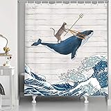 HNMQ Lustiger Katzen-Duschvorhang, Katze reitet Wal in Ozeanwelle, Vintage-Stil, Holzvorhänge, orientalischer Stoff, japanische Wellenkunst, Duschvorhang für Badezimmer 69' W By 70' L
