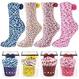 4 Paare Damen Flauschige Socken, Weihnachten lustige Socken mit 4 Geschenkboxen Cupcake, Cupcakes Design niedliche weiche Fuzzy bequeme Slipper Bettsocken, Weihnachtsstrump