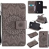 pinlu® PU Leder Tasche Etui Schutzhülle für Nokia Lumia 630 635 Lederhülle Schale Flip Cover Tasche mit Standfunktion Sonnenblume Muster Hülle (Grau)