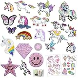 20 Stück Flicken zum Aufbügeln, Einhorn Aufbügelflicken,Gemischt Bügelflicken mit Smiley,Sterne,Schmetterlingen für Erwachsene,Mädchen,Kinder, Applikation zum Aufnähen,Für Diy T-Shirt Jeans Kleidung