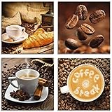 Artland Glasbilder Wandbild Glas Bild Set 4 teilig je 20x20 cm Quadratisch Kaffee Cafe Coffee Kaffeetasse Croissant Kaffeebohnen Frühstück S6BS