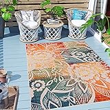 Carpeto Rugs Blumenmuster In- & Outdoor Teppich Wetterfest für Balkon, Terasse - Balkon Teppich Wasserfest - Outdoorteppich Wetterfest - Aussenteppich Terrasse Groß - Bunt Orange - 140 x 200