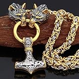 Herren Edelstahl Mjölnir Wolf Köpfe Königskette Halskette,Nordische Wikinger Mixed Gold Thors Hammer Anhänger Amulett,Gothic Nordic Mythology Schmuck,70CM