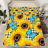 Sunflower Bettwäsche-Set, Doppelgröße, blaues Schmetterling-Spannbetttuch für Mädchen, Teenager, Frauen, gelbe Blumen, Spannbettlaken, schwarz-weiß, rustikal, dekoratives Set mit 1 Kissenbezug