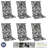 Beautissu Tropic Hochlehner Auflagen 6er Set für Gartenstühle – Sitzpolster 120x50 cm Stuhlauflagen Hochlehner UV-Lichtecht – Gartenstuhlauflage schwarz mit Palmb