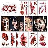 30 Blatt Halloween Tattoo Gruselig Narben Wunde, Qhui Wasserdicht Temporäre Tattoos für Halloween Fright Night Maskerade Party Zombie Teufel Cosplay Mottoparty